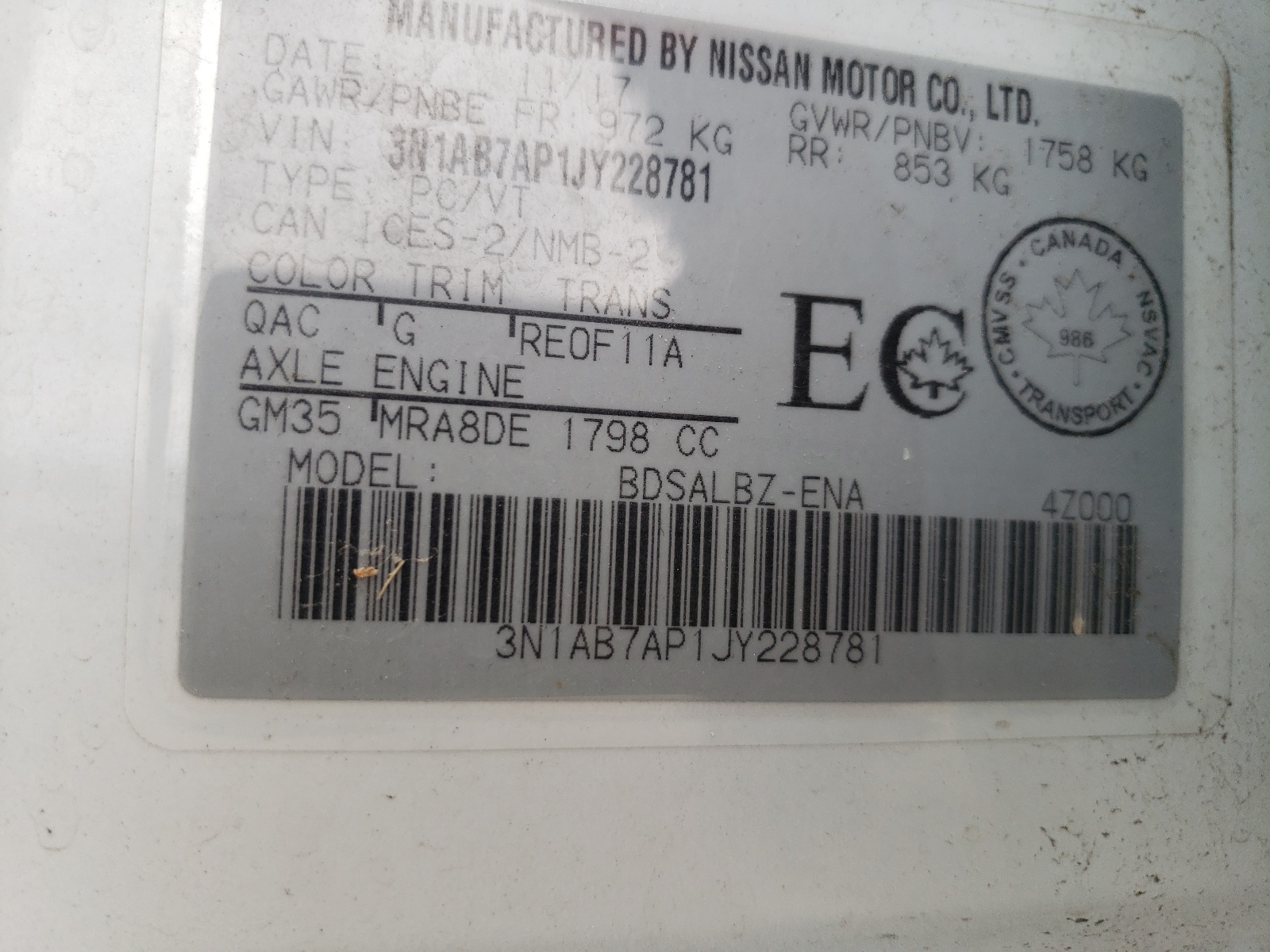 Photo 10 from auction – 2018 NISSAN SENTRA S with VIN 3N1AB7AP1JY228781
