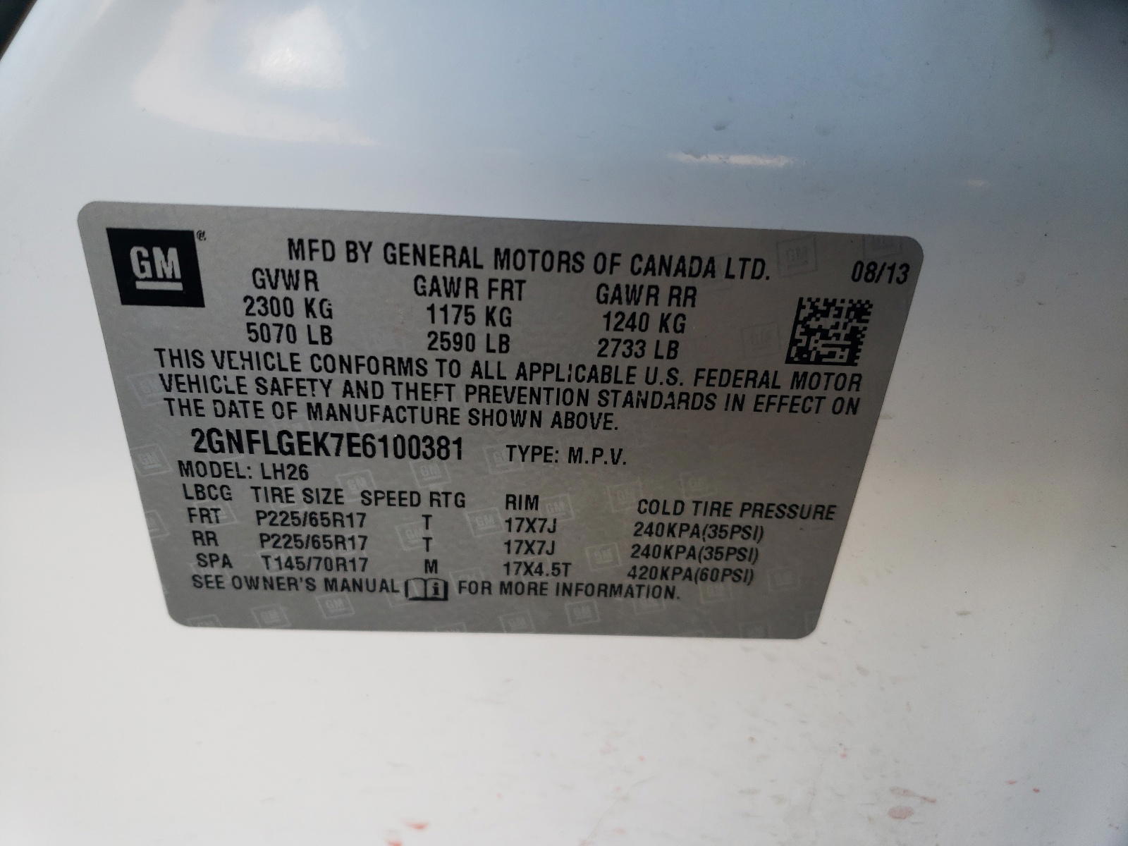 Photo 10 from auction – 2014 CHEVROLET EQUINOX LT with VIN 2GNFLGEK7E6100381