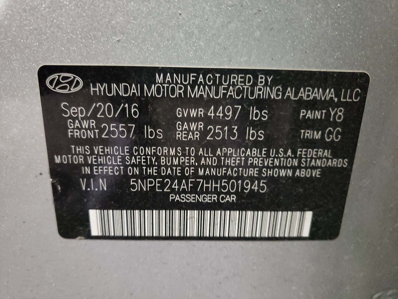 Photo 10 from auction – 2017 HYUNDAI SONATA SE with VIN 5NPE24AF7HH501945