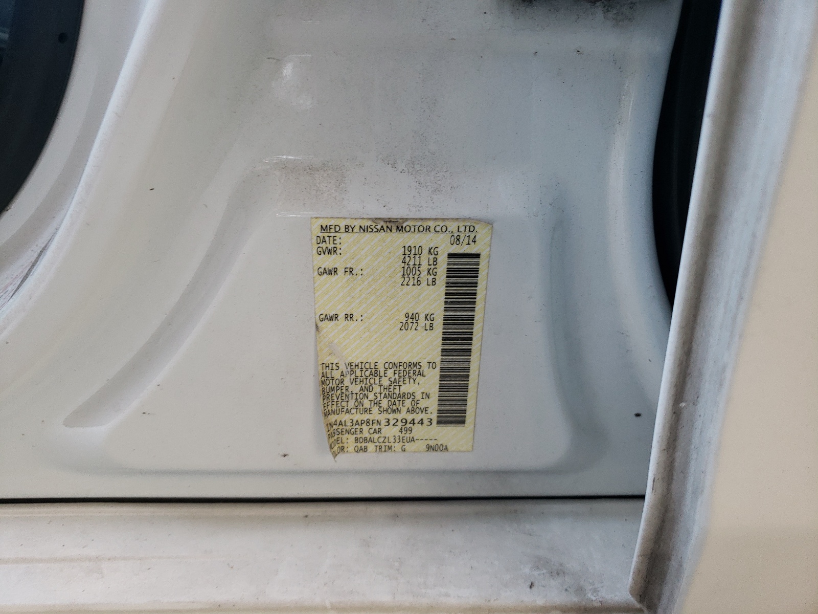 Photo 10 from auction – 2015 NISSAN ALTIMA 2.5 with VIN 1N4AL3AP8FN329443