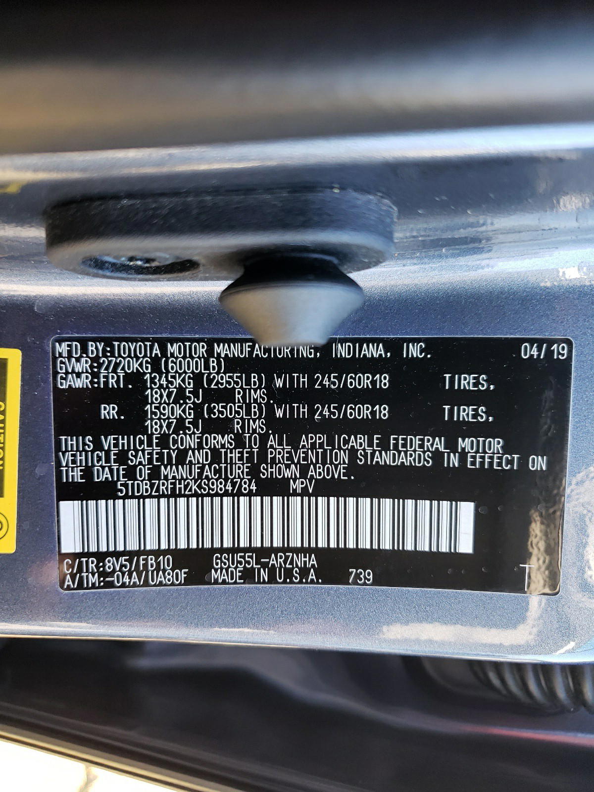 Photo 10 from auction – 2019 TOYOTA HIGHLANDER with VIN 5TDBZRFH2KS984784