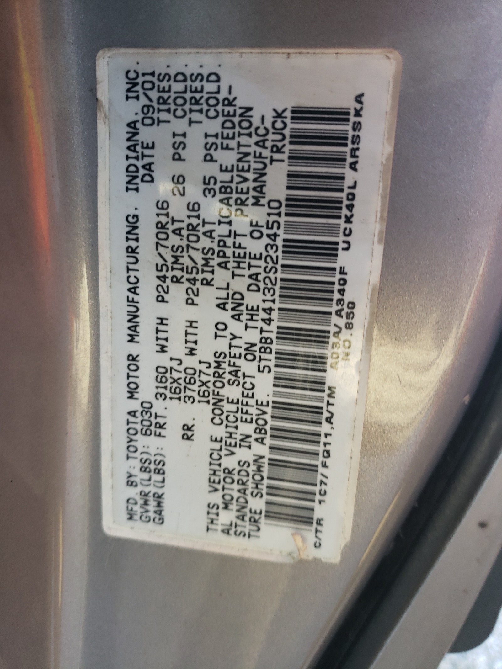 Photo 10 from auction – 2002 TOYOTA TUNDRA ACC with VIN 5TBBT44132S234510