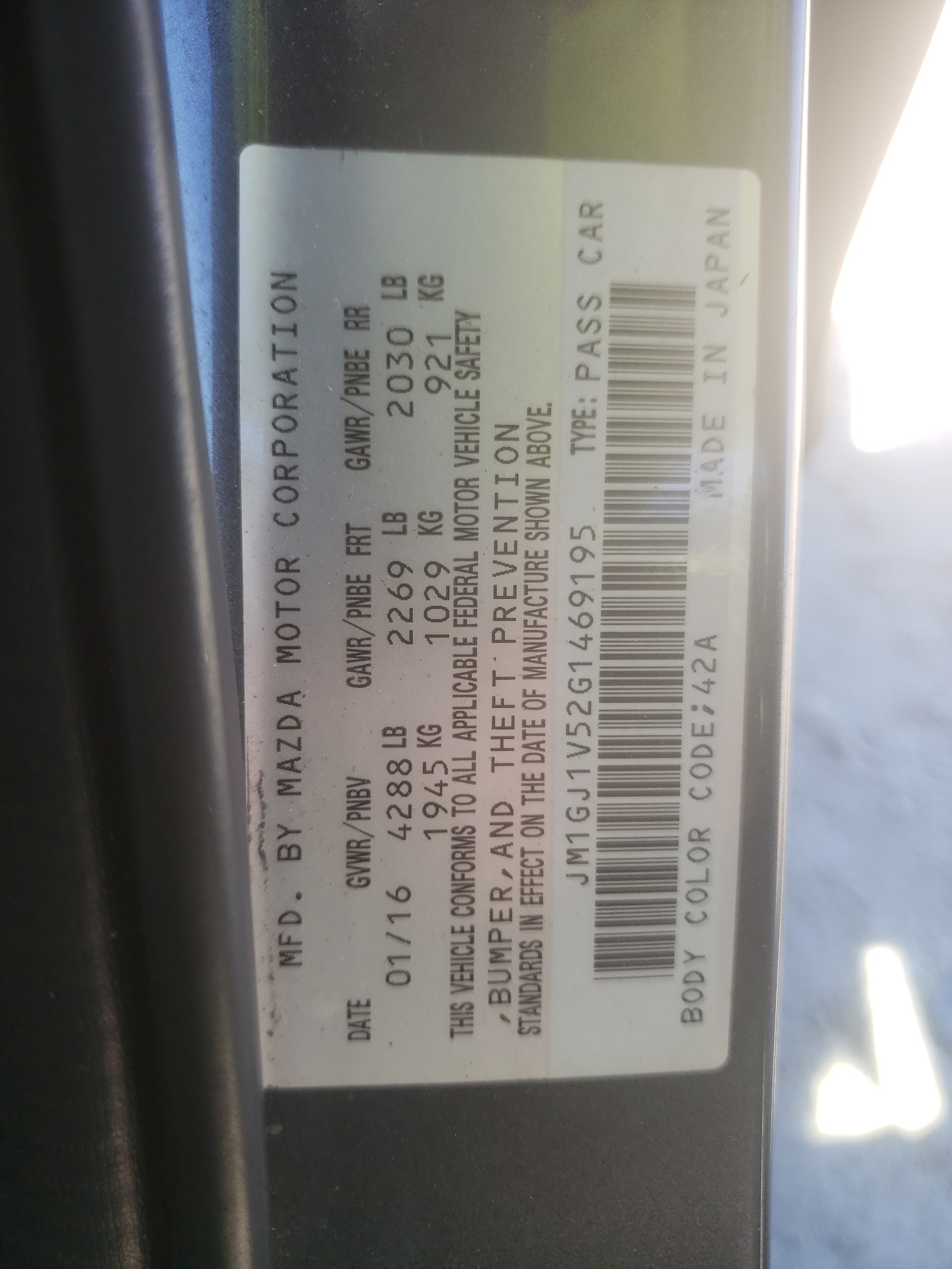 Photo 10 from auction – 2016 MAZDA 6 TOURING with VIN JM1GJ1V52G1469195