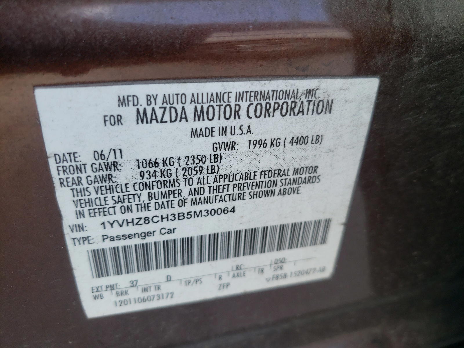 Photo 10 from auction – 2011 MAZDA 6 I with VIN 1YVHZ8CH3B5M30064