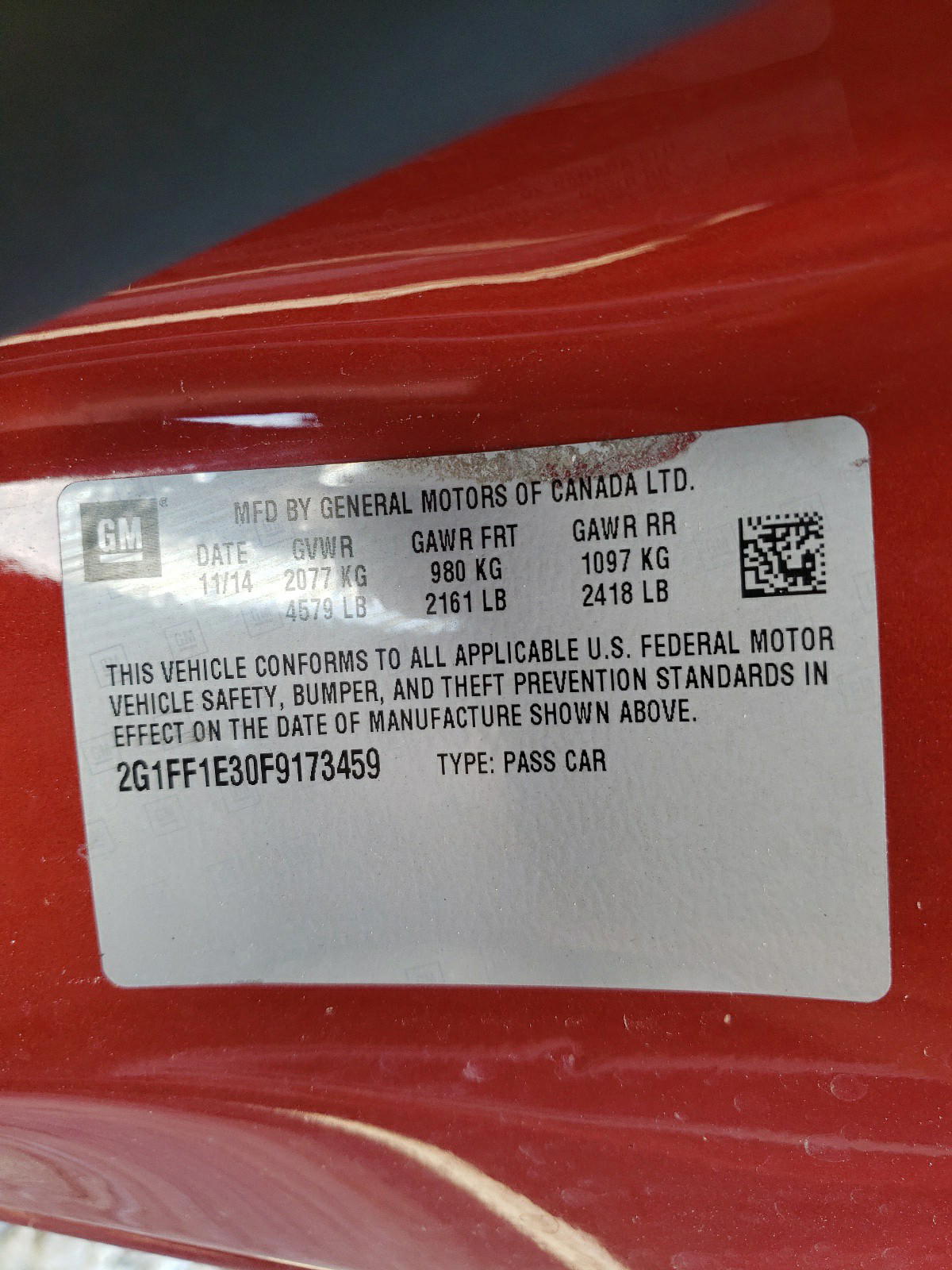 Photo 10 from auction – 2015 CHEVROLET CAMARO LT with VIN 2G1FF1E30F9173459