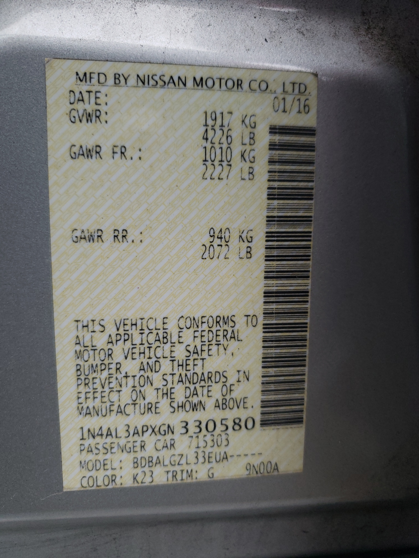 Photo 10 from auction – 2016 NISSAN ALTIMA 2.5 with VIN 1N4AL3APXGN330580