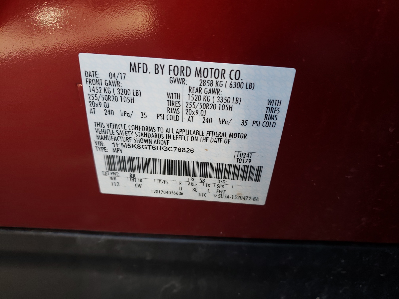 Photo 10 from auction – 2017 FORD EXPLORER S with VIN 1FM5K8GT6HGC76826