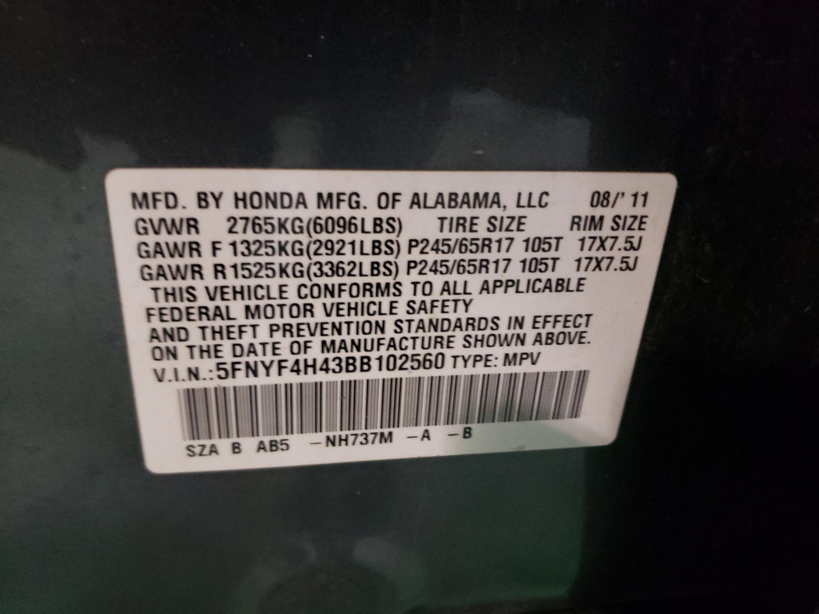 Photo 10 from auction – 2011 HONDA PILOT EX with VIN 5FNYF4H43BB102560