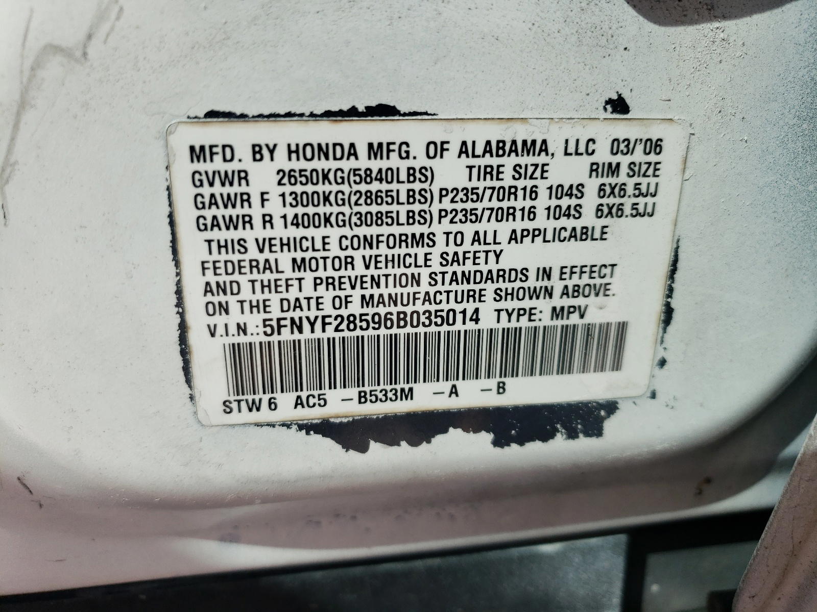 Photo 10 from auction – 2006 HONDA PILOT EX with VIN 5FNYF28596B035014