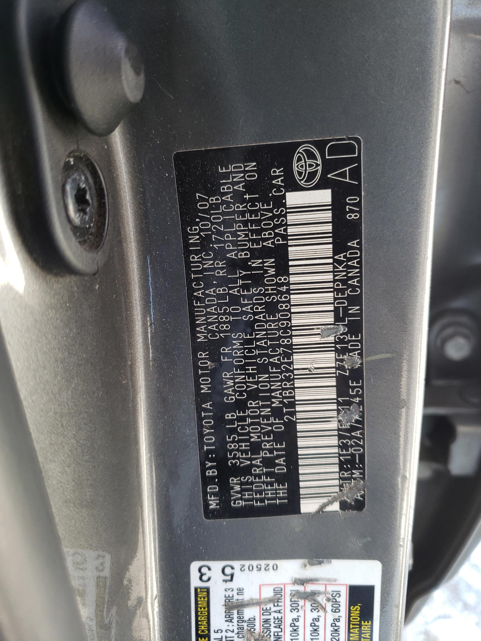 Photo 10 from auction – 2008 TOYOTA COROLLA CE with VIN 2T1BR32E78C908648