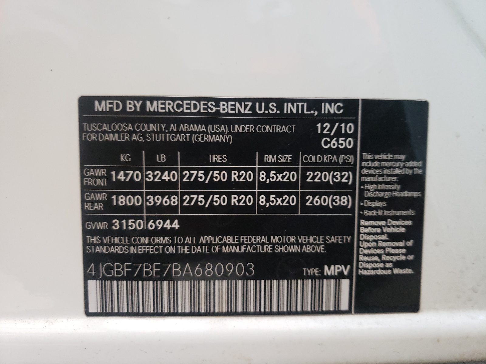 Photo 10 from auction – 2011 MERCEDES-BENZ GL 450 4MA with VIN 4JGBF7BE7BA680903