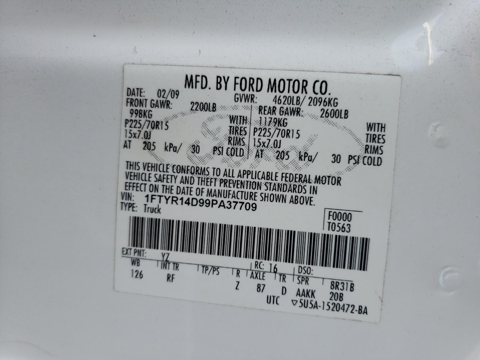 Photo 10 from auction – 2009 FORD RANGER SUP with VIN 1FTYR14D99PA37709