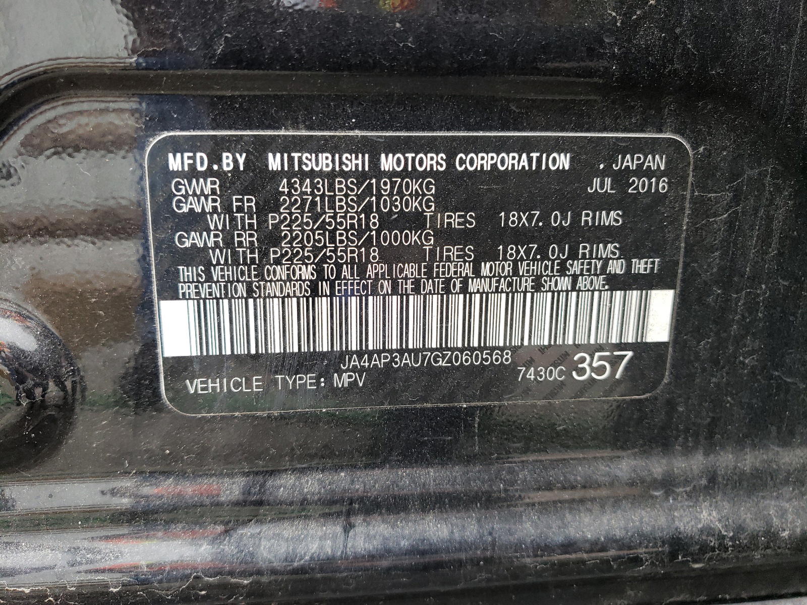 Photo 10 from auction – 2016 MITSUBISHI OUTLANDER with VIN JA4AP3AU7GZ060568