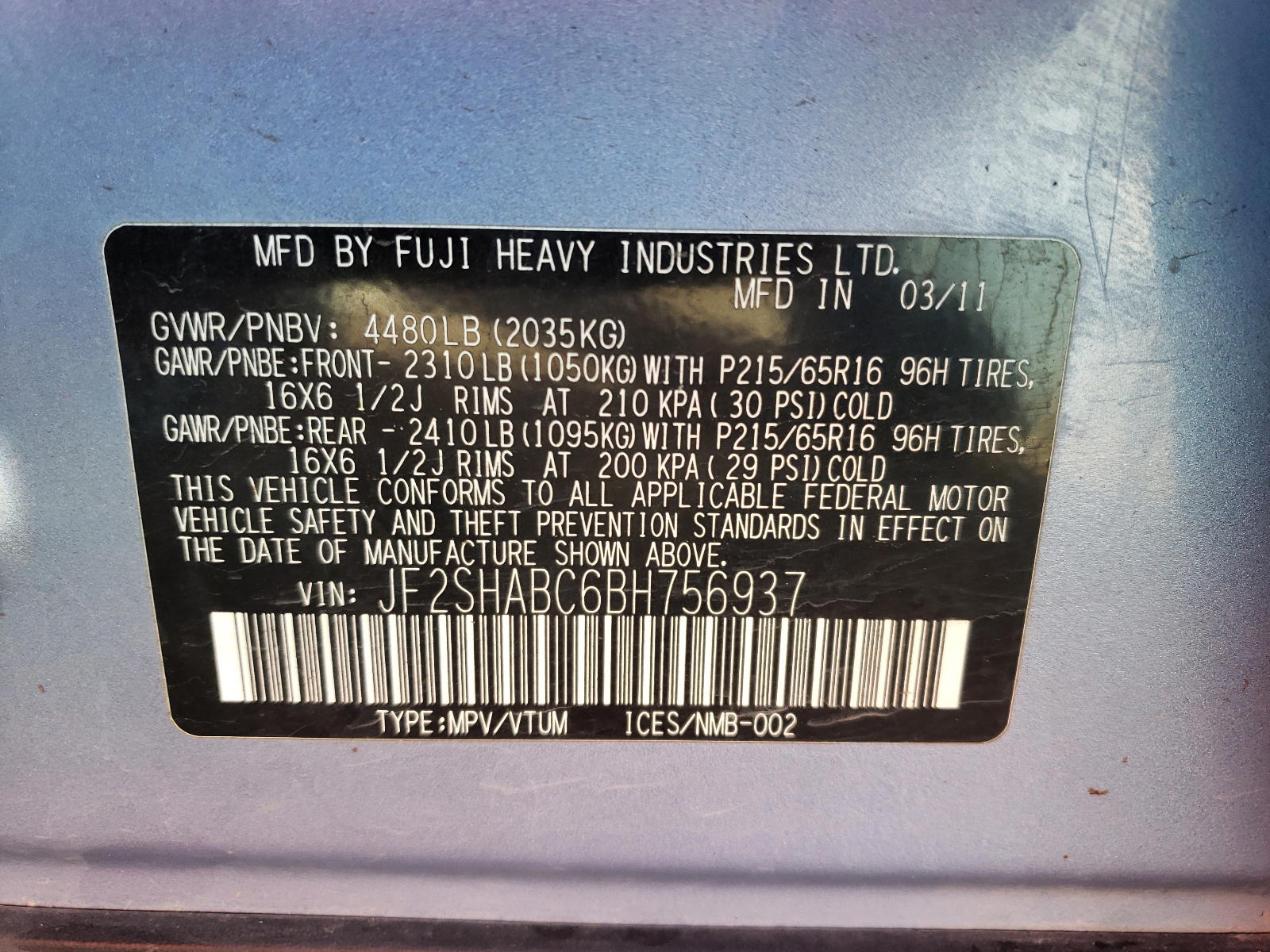 Photo 10 from auction – 2011 SUBARU FORESTER 2 with VIN JF2SHABC6BH756937