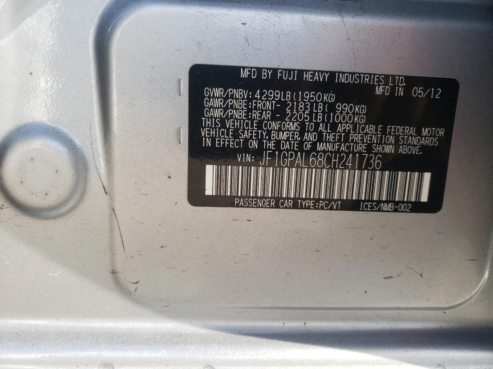 Photo 10 from auction – 2012 SUBARU IMPREZA SP with VIN JF1GPAL68CH241736