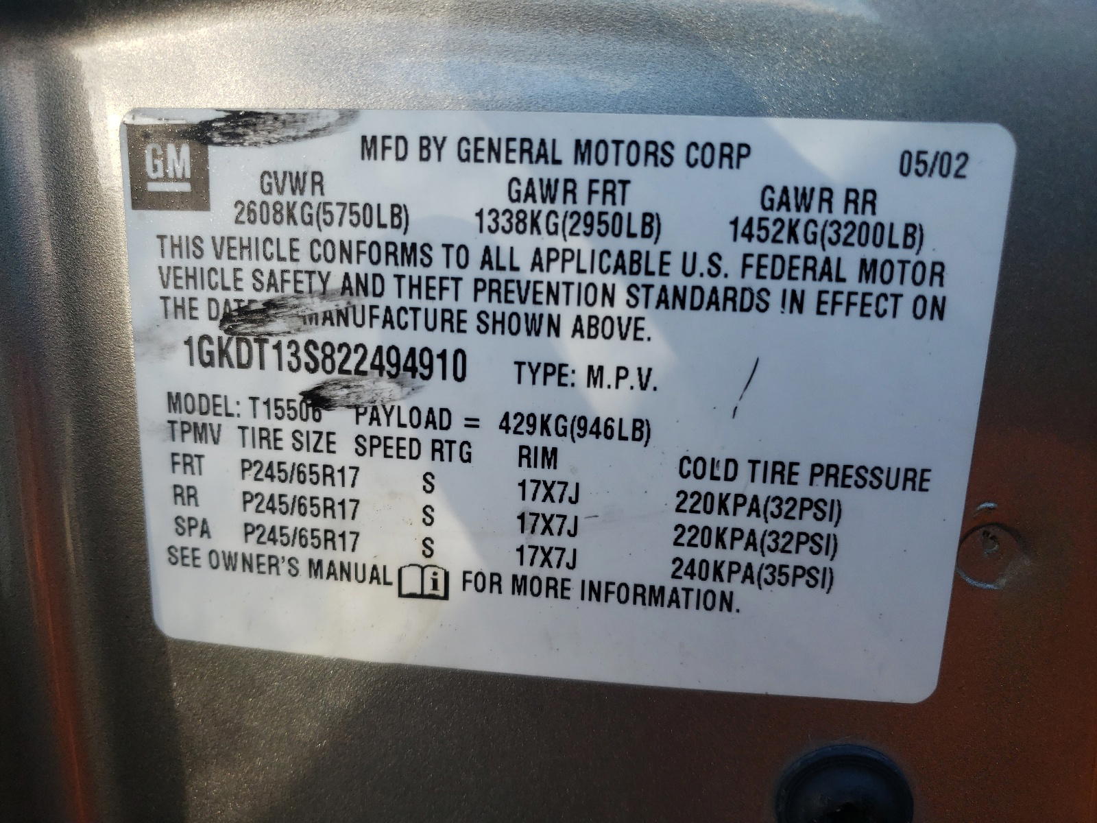 Photo 10 from auction – 2002 GMC ENVOY with VIN 1GKDT13S822494910