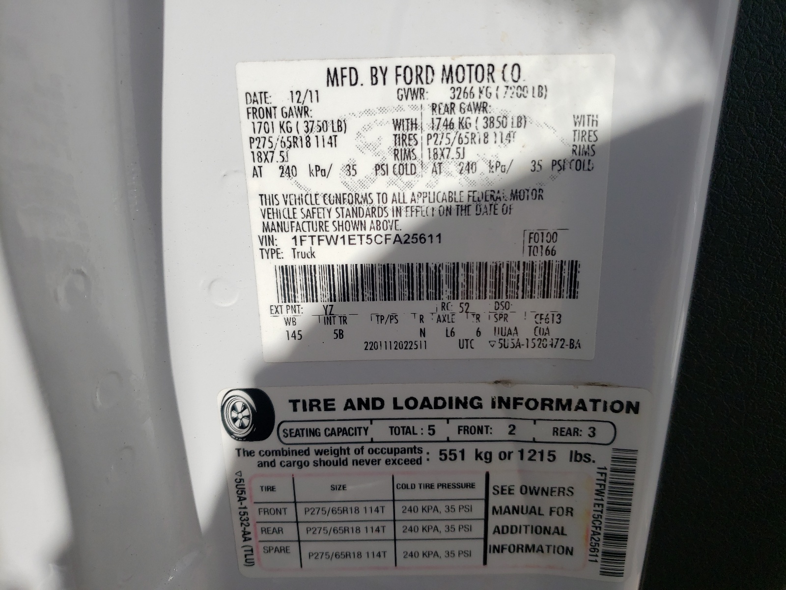 Photo 10 from auction – 2012 FORD F150 SUPER with VIN 1FTFW1ET5CFA25611
