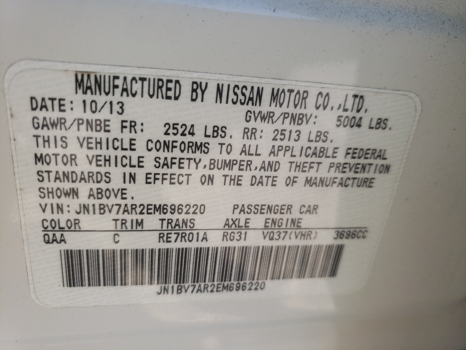 Photo 10 from auction – 2014 INFINITI Q50 BASE with VIN JN1BV7AR2EM696220