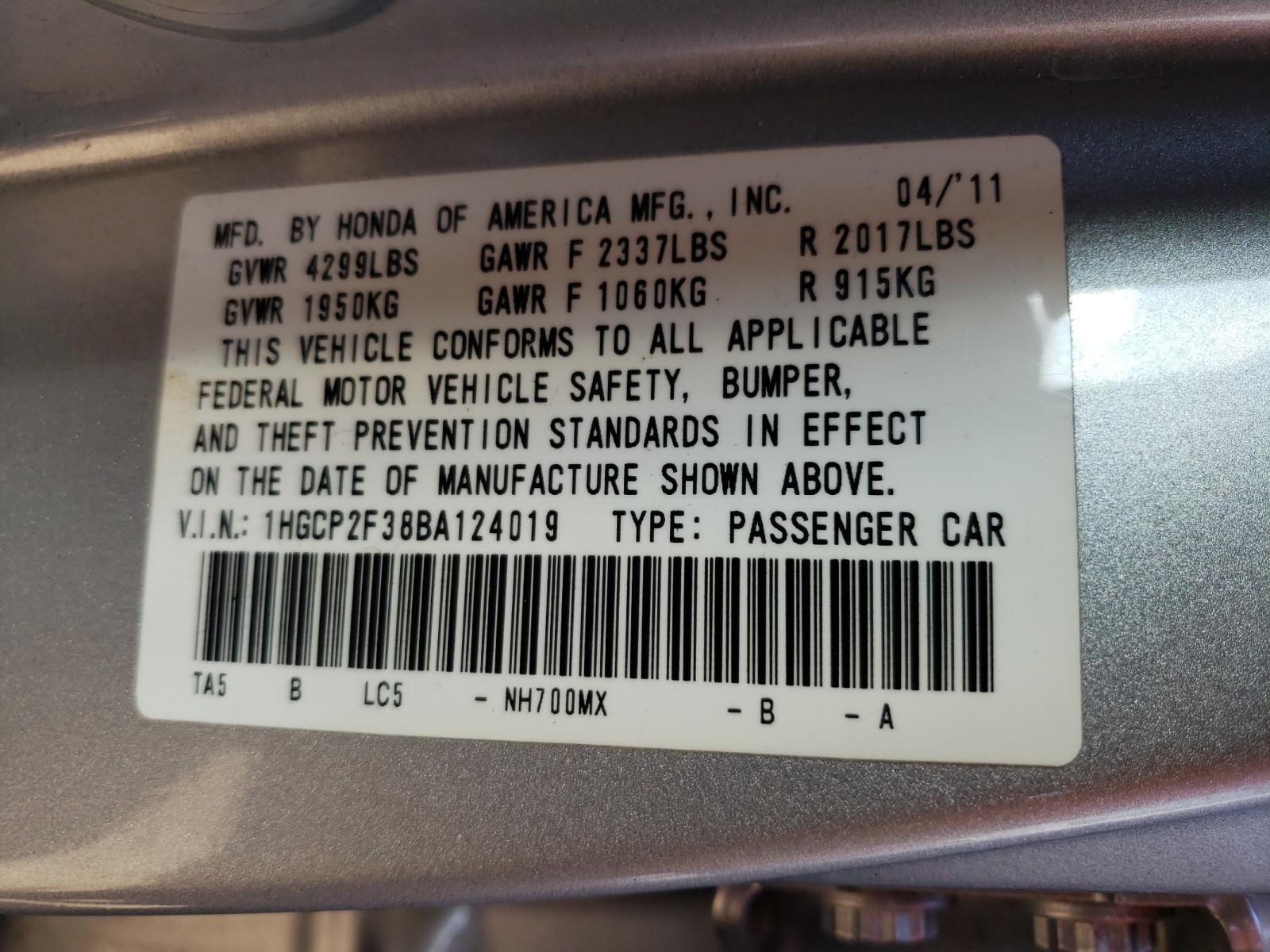 Photo 10 from auction – 2011 HONDA ACCORD LX with VIN 1HGCP2F38BA124019