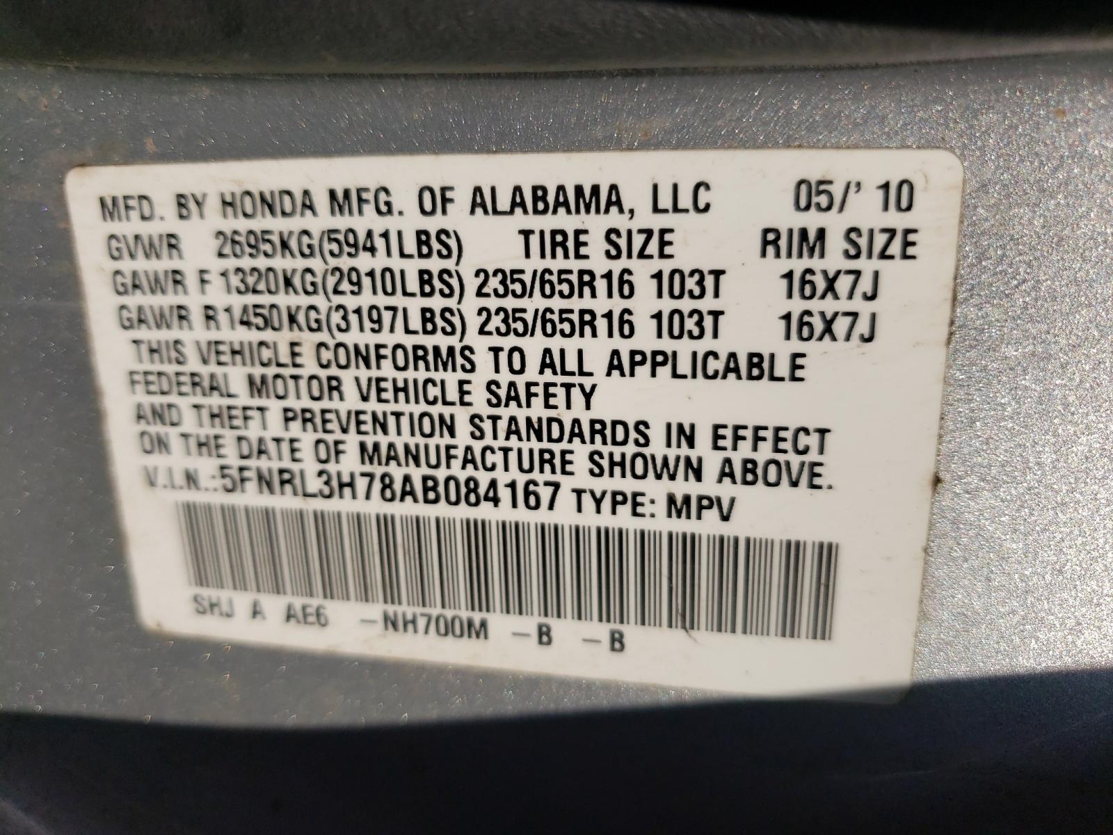 Photo 10 from auction – 2010 HONDA ODYSSEY EX with VIN 5FNRL3H78AB084167