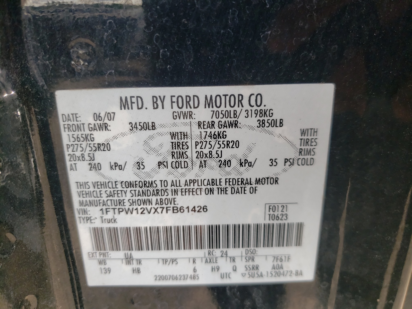 Photo 10 from auction – 2007 FORD F150 SUPER with VIN 1FTPW12VX7FB61426