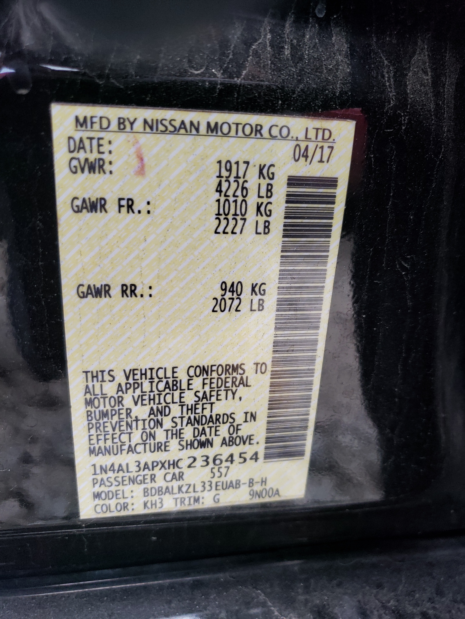 Photo 10 from auction – 2017 NISSAN ALTIMA 2.5 with VIN 1N4AL3APXHC236454