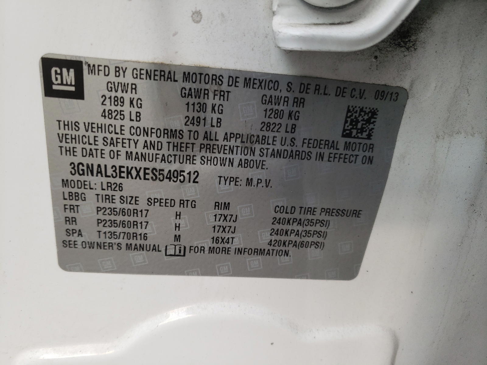 Photo 10 from auction – 2014 CHEVROLET CAPTIVA LT with VIN 3GNAL3EKXES549512