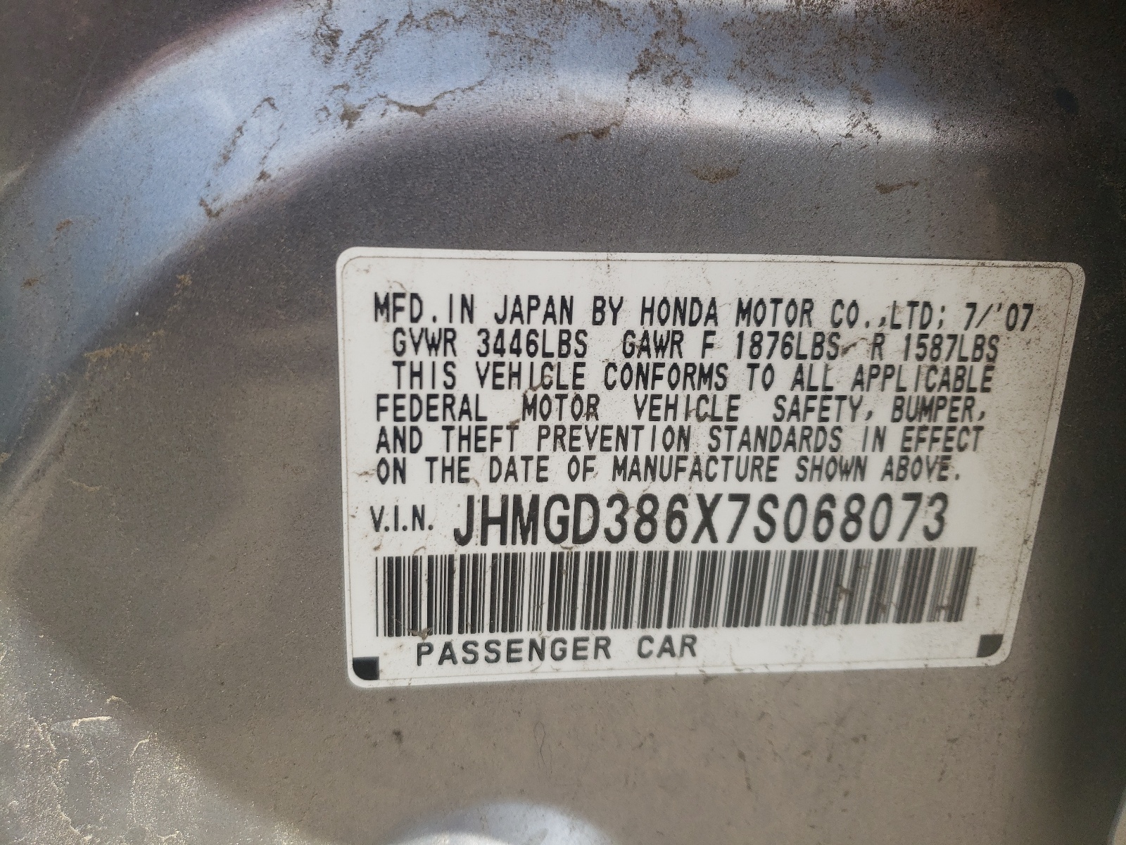 Photo 10 from auction – 2007 HONDA FIT S with VIN JHMGD386X7S068073