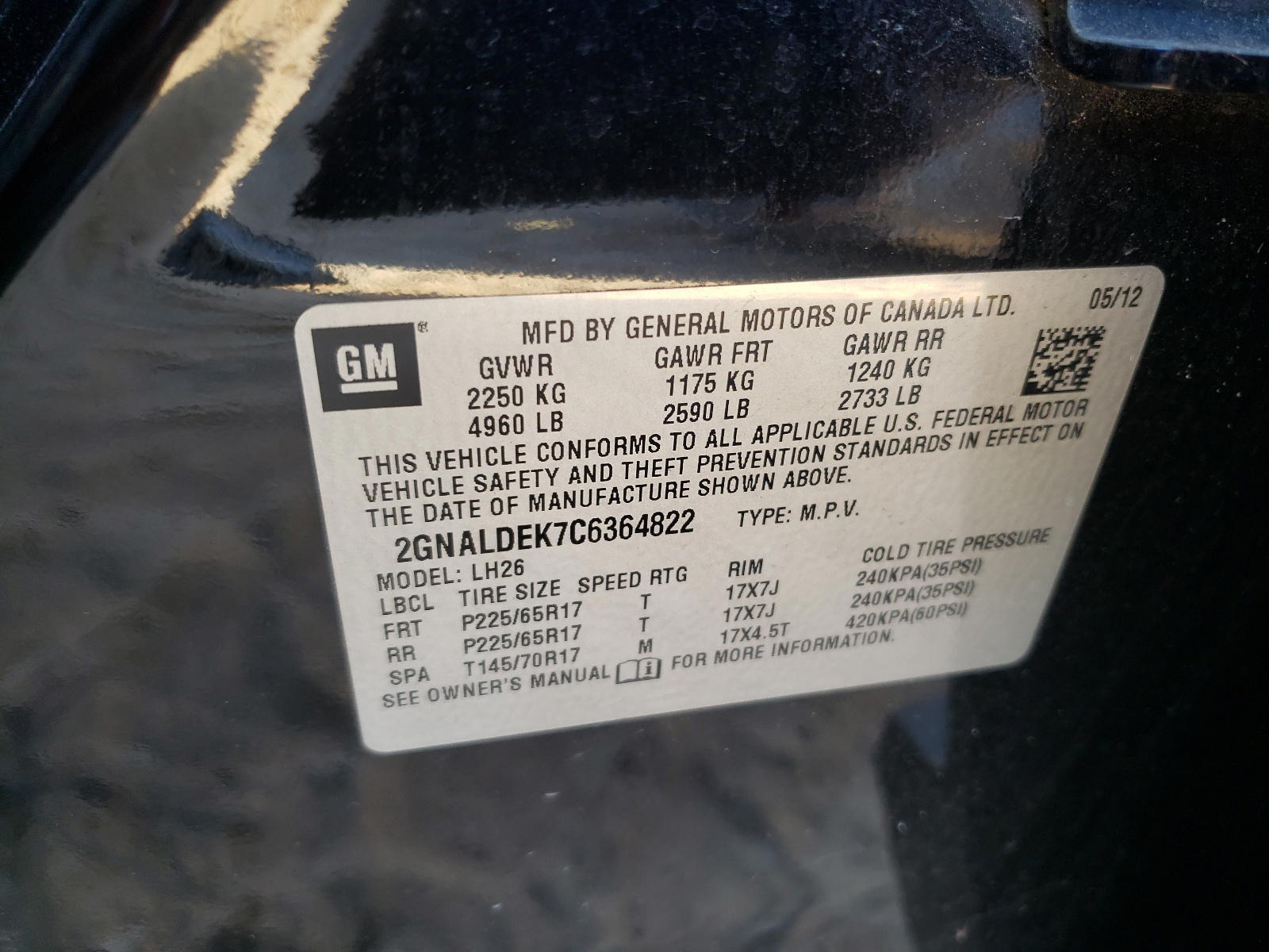 Photo 10 from auction – 2012 CHEVROLET EQUINOX LT with VIN 2GNALDEK7C6364822
