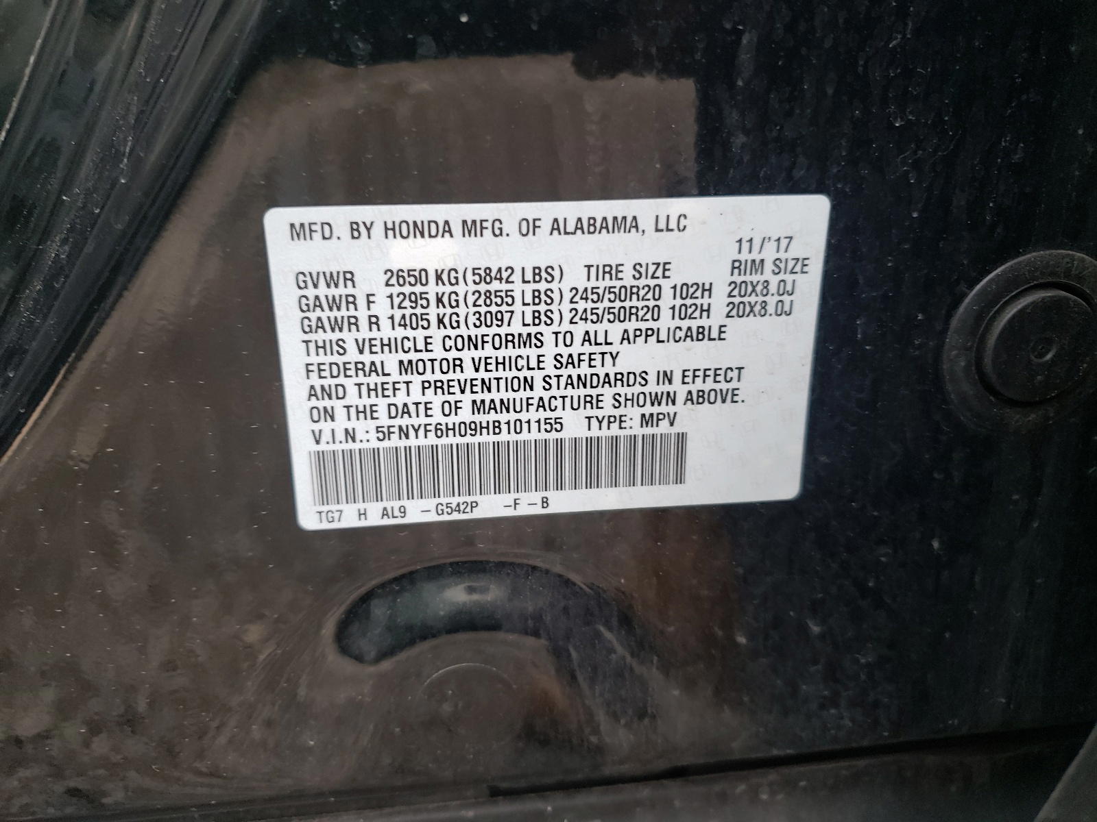 Photo 10 from auction – 2017 HONDA PILOT ELIT with VIN 5FNYF6H09HB101155