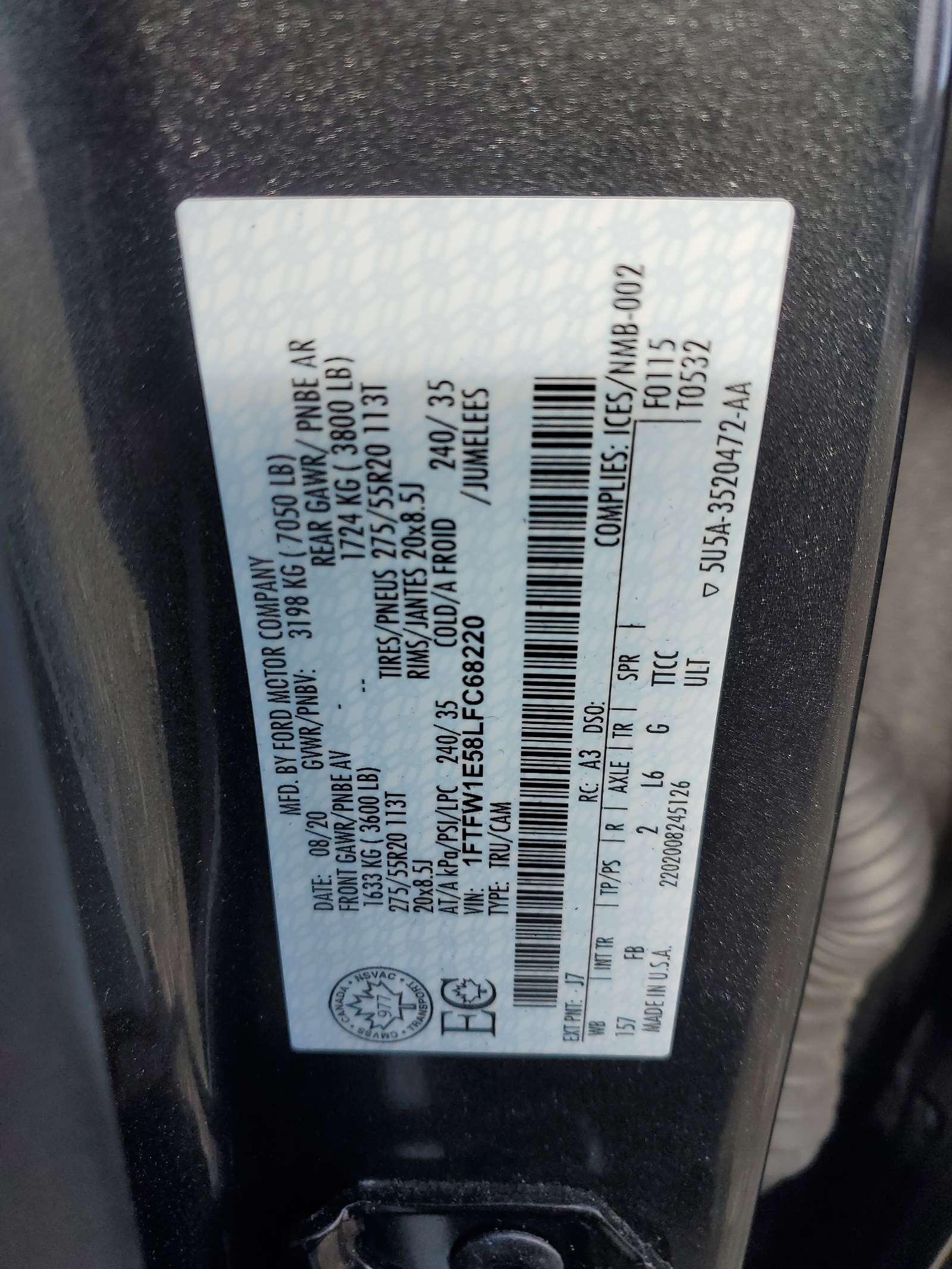 Photo 11 from auction – 2020 FORD F150 SUPER with VIN 1FTFW1E58LFC68220