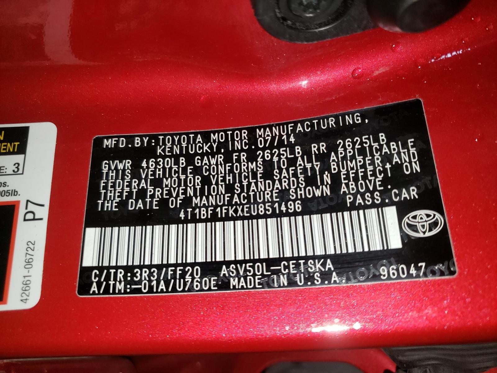 Photo 10 from auction – 2014 TOYOTA CAMRY L with VIN 4T1BF1FKXEU851496