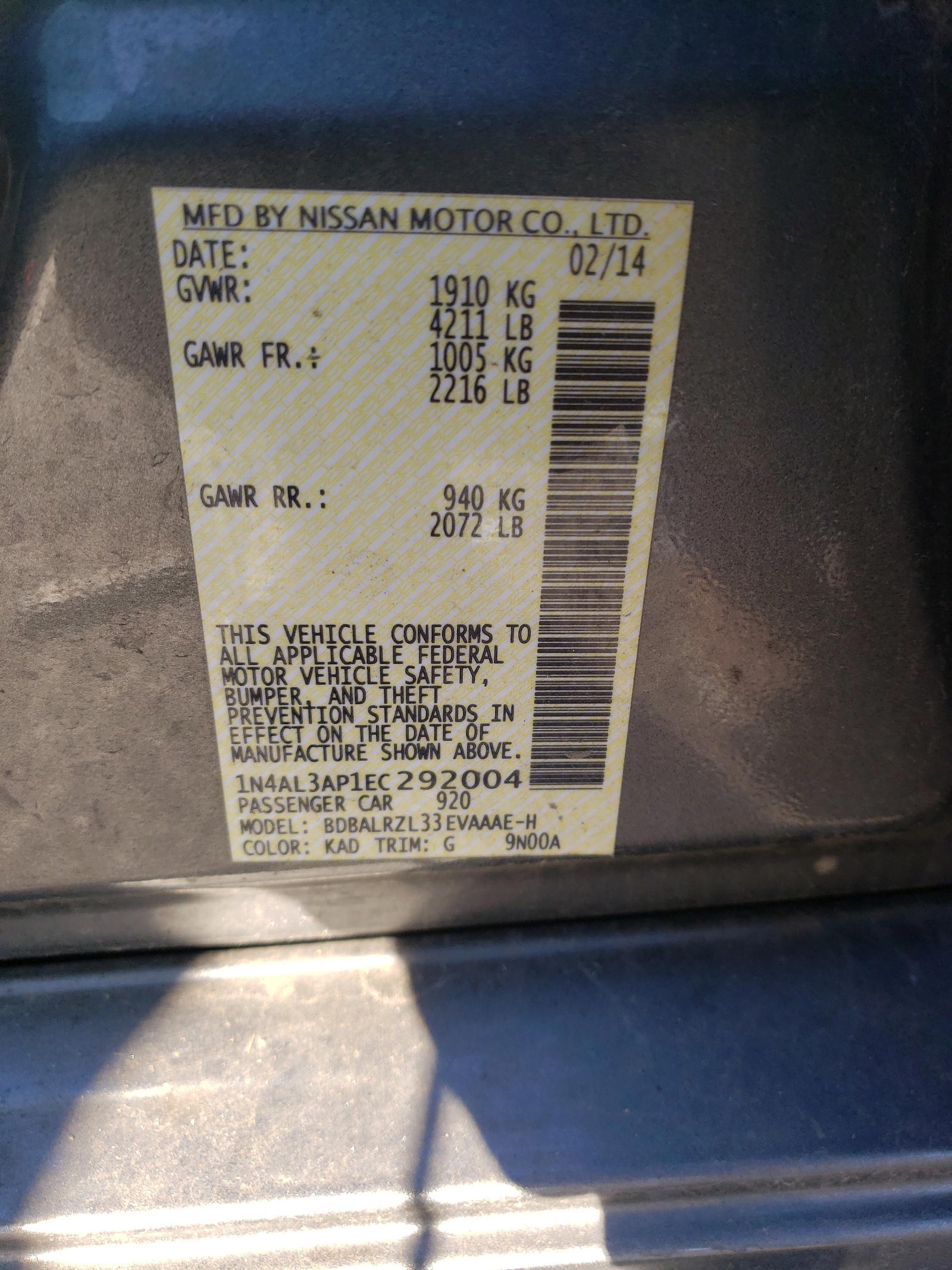Photo 10 from auction – 2014 NISSAN ALTIMA 2.5 with VIN 1N4AL3AP1EC292004