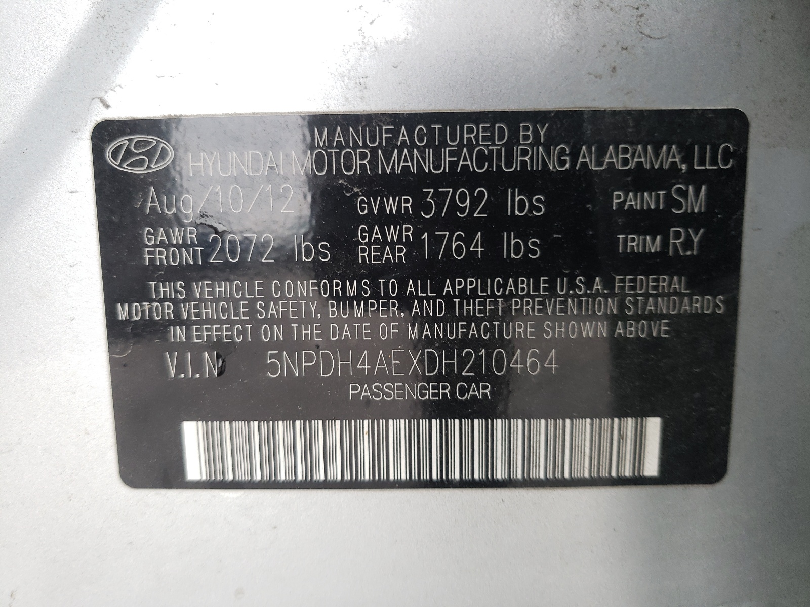 Photo 10 from auction – 2013 HYUNDAI ELANTRA GL with VIN 5NPDH4AEXDH210464
