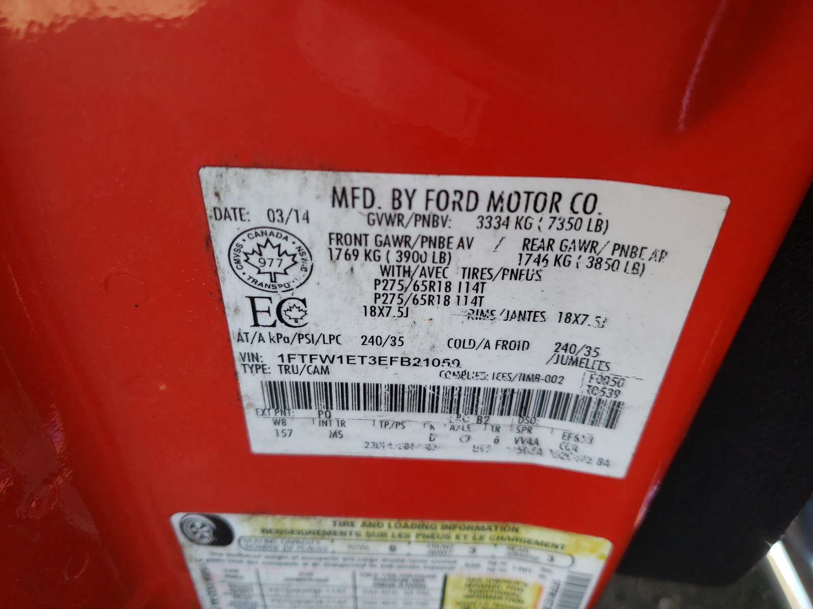 Photo 10 from auction – 2014 FORD F150 SUPER with VIN 1FTFW1ET3EFB21059