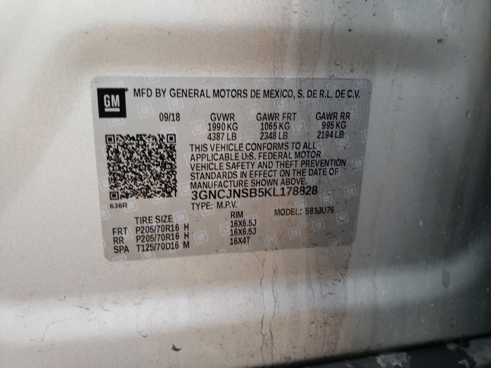 Photo 10 from auction – 2019 CHEVROLET TRAX LS with VIN 3GNCJNSB5KL178828