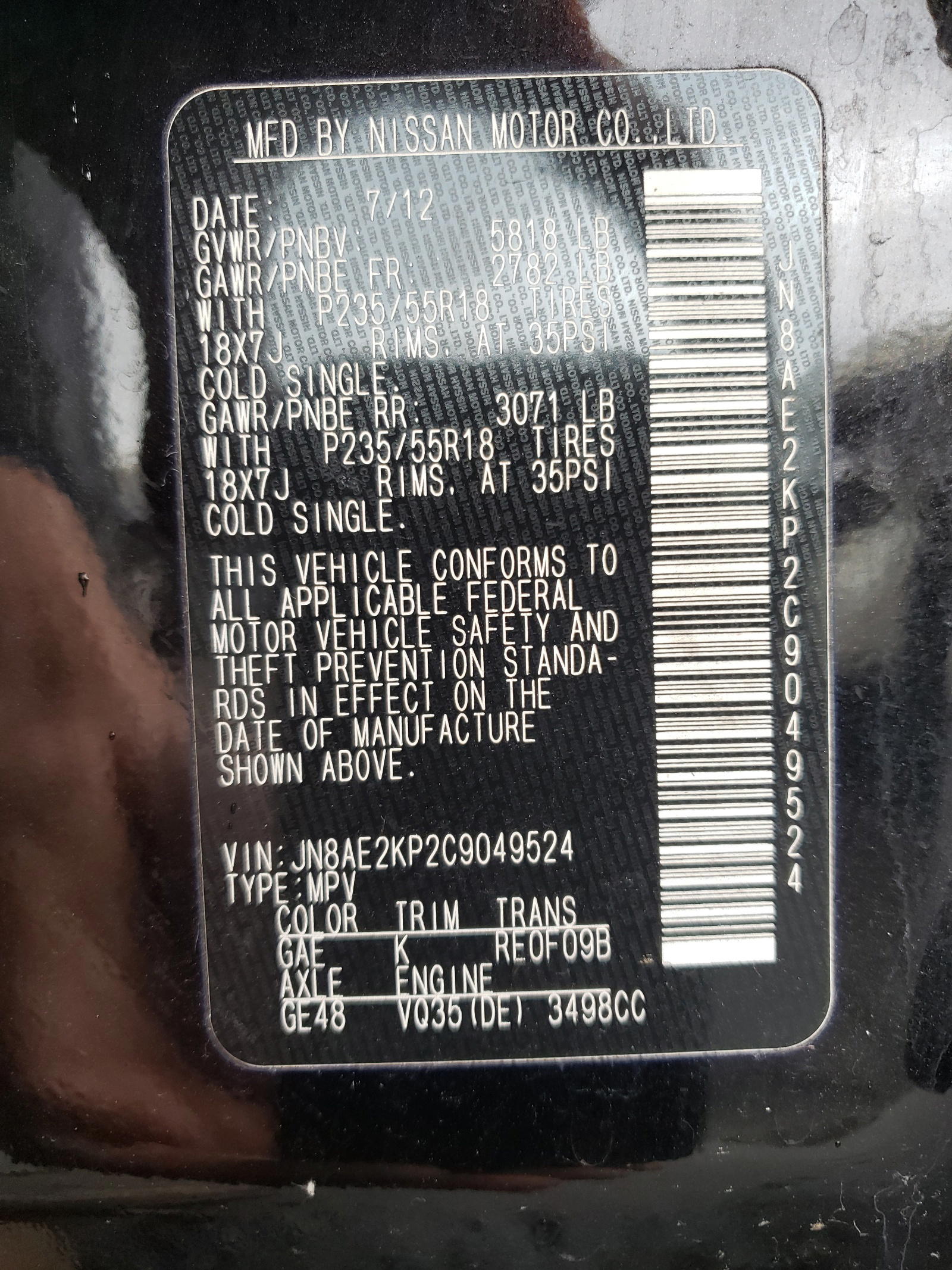 Photo 10 from auction – 2012 NISSAN QUEST S with VIN JN8AE2KP2C9049524