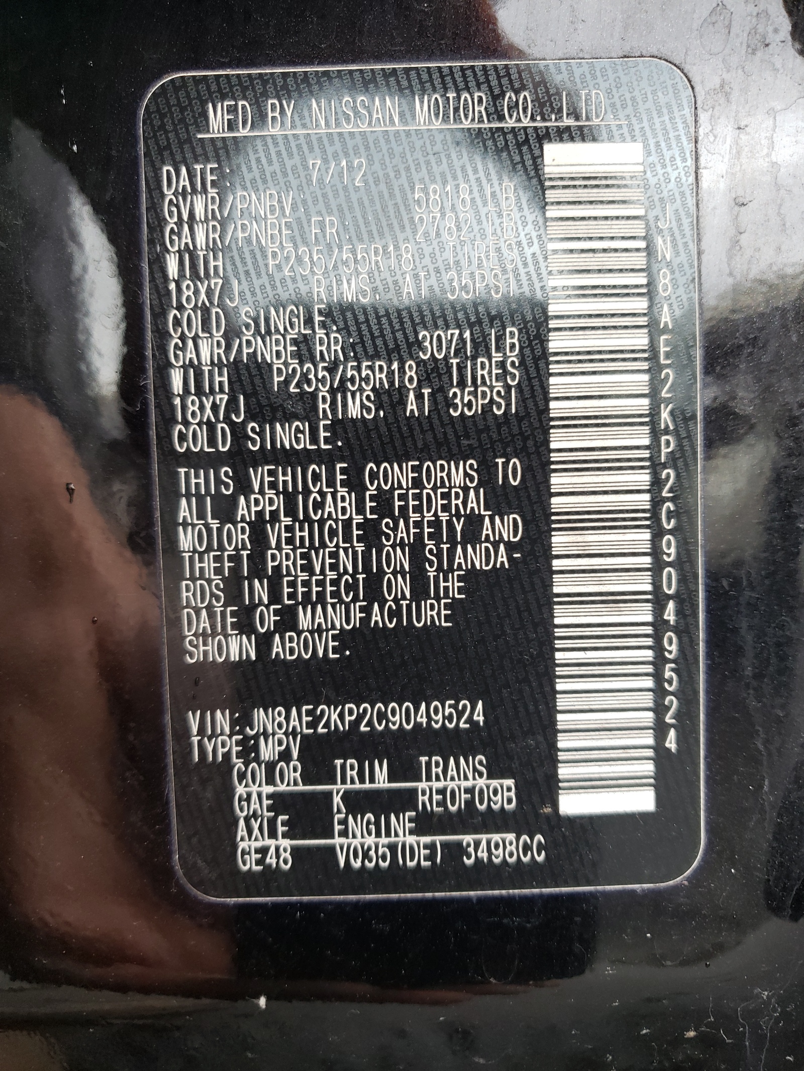 Zdjęcie 10 z aukcji – 2012 NISSAN QUEST S z VIN JN8AE2KP2C9049524