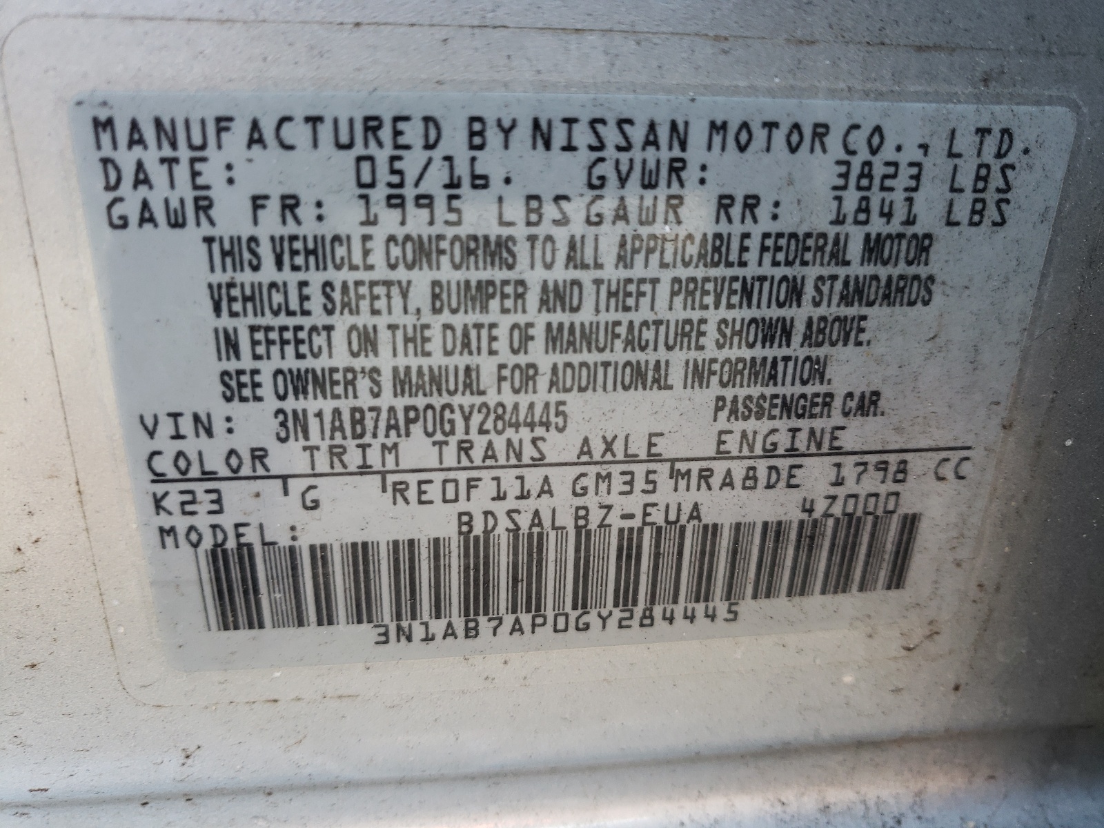 Photo 10 from auction – 2016 NISSAN SENTRA S with VIN 3N1AB7AP0GY284445