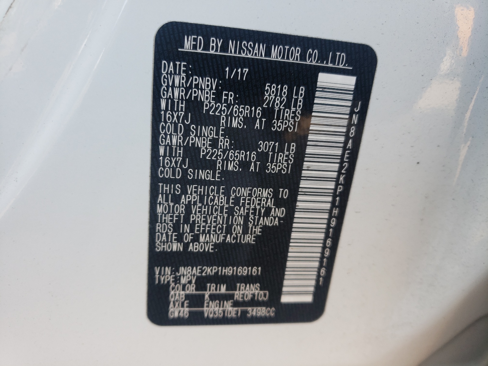 Photo 10 from auction – 2017 NISSAN QUEST S with VIN JN8AE2KP1H9169161
