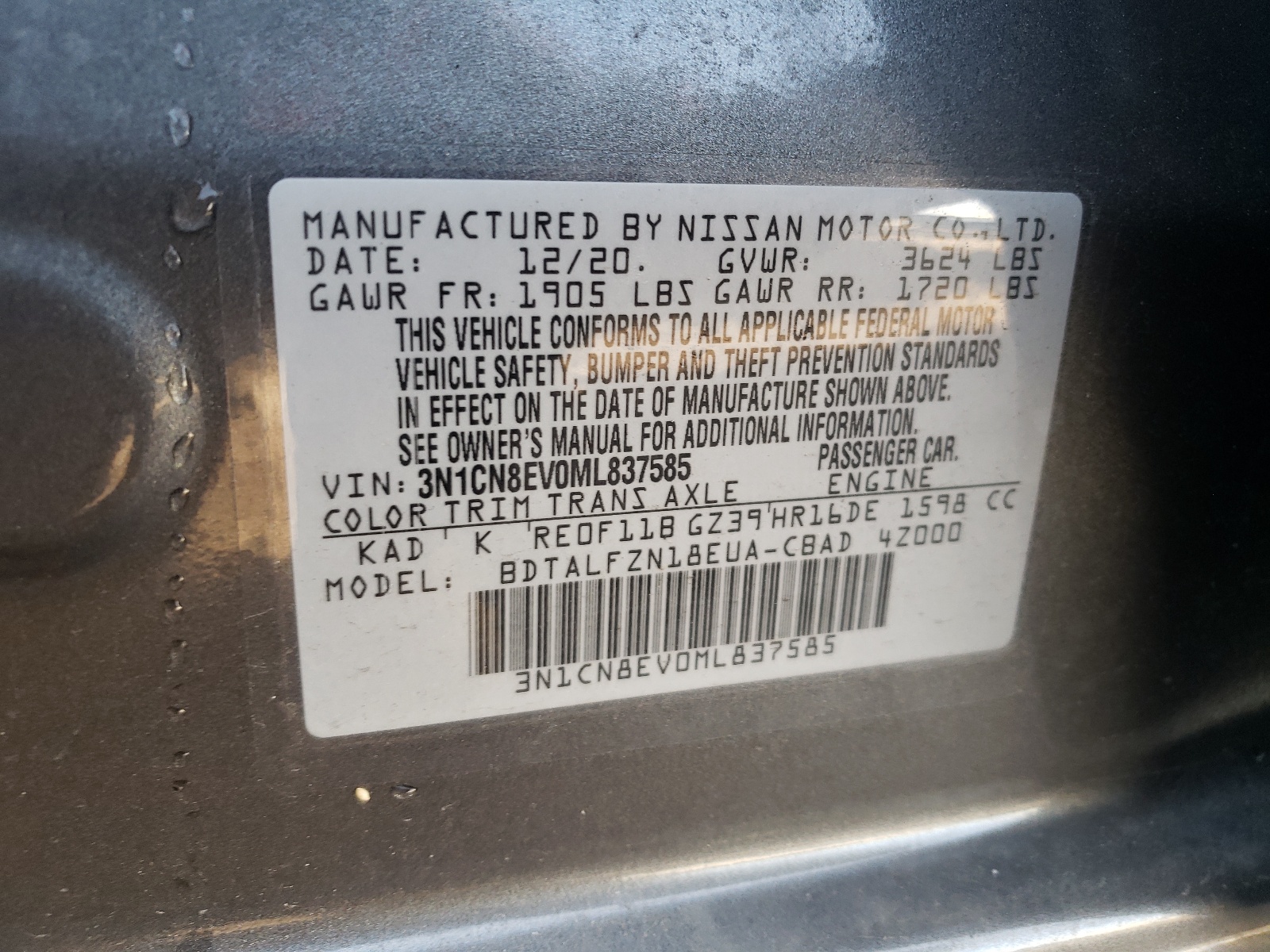 Photo 10 from auction – 2021 NISSAN VERSA SV with VIN 3N1CN8EV0ML837585