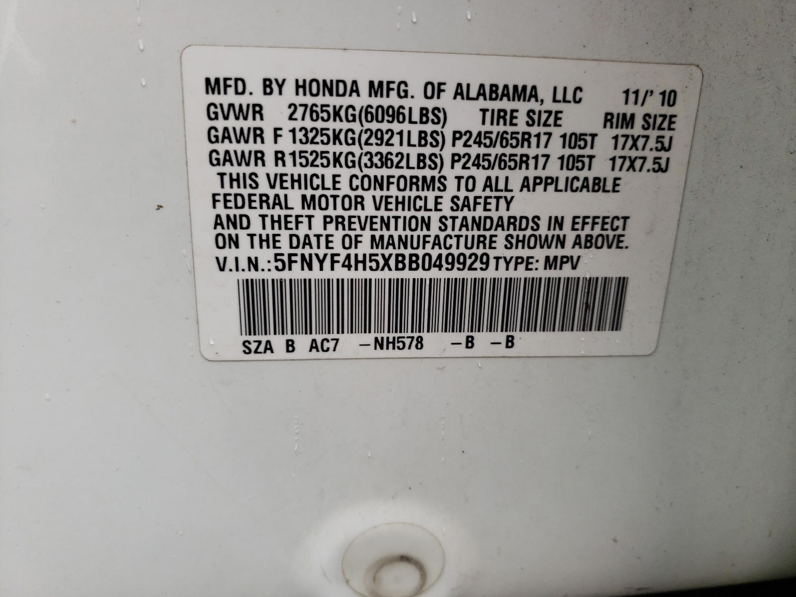 Photo 10 from auction – 2011 HONDA PILOT EXL with VIN 5FNYF4H5XBB049929