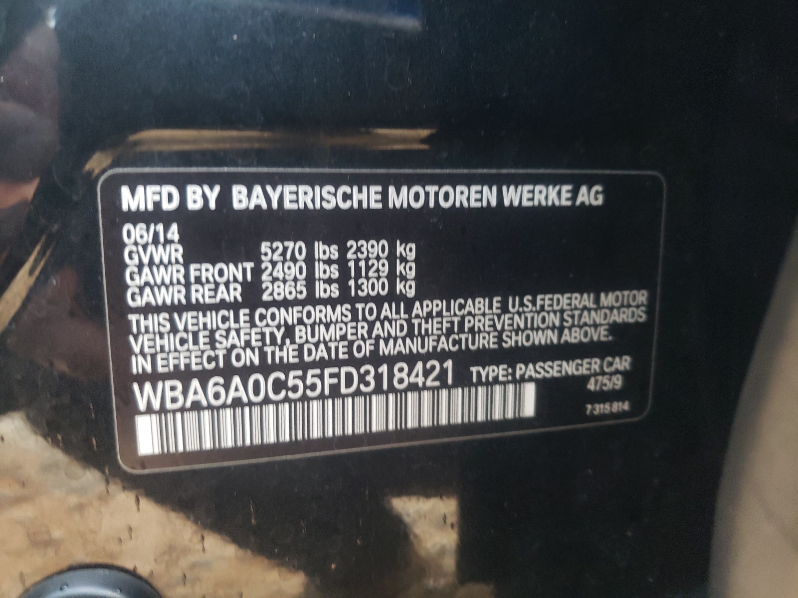 Photo 10 from auction – 2015 BMW 640 I GRAN with VIN WBA6A0C55FD318421