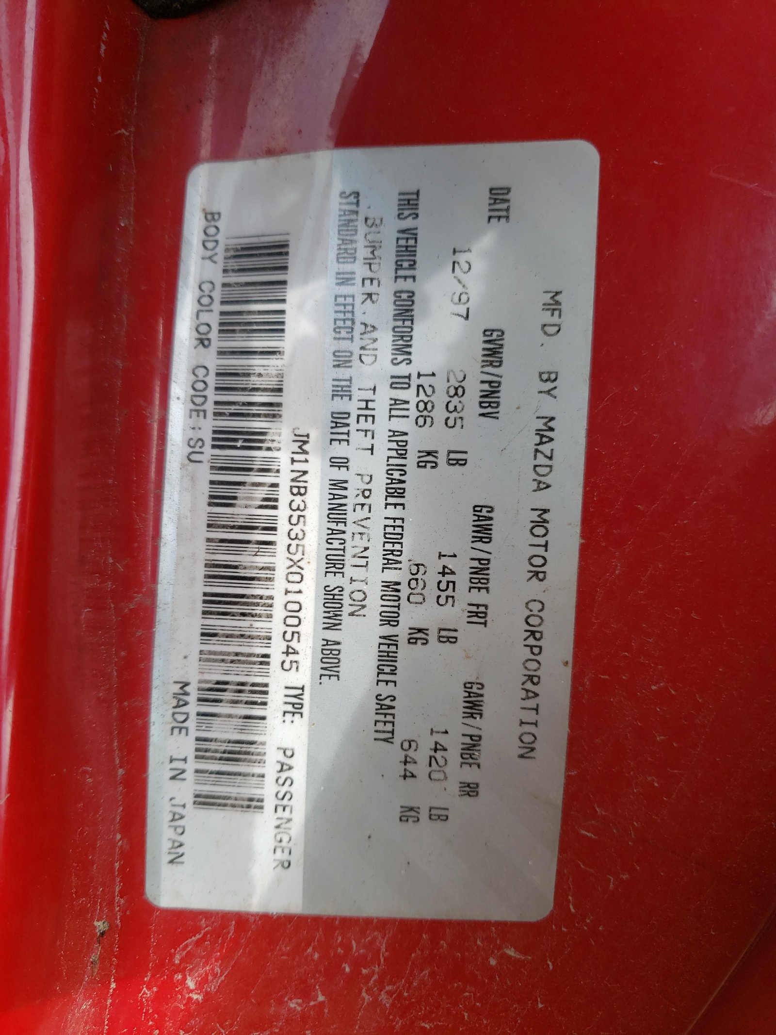 Photo 10 from auction – 1999 MAZDA MX-5 MIATA with VIN JM1NB3535X0100545