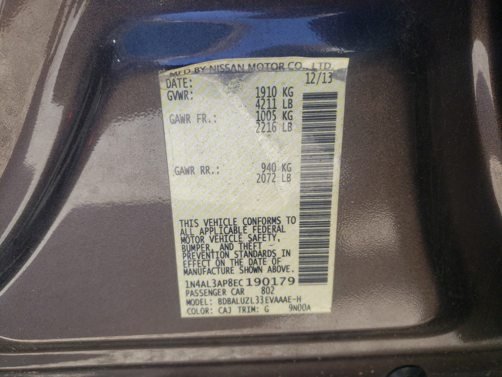 Photo 10 from auction – 2014 NISSAN ALTIMA 2.5 with VIN 1N4AL3AP8EC190179