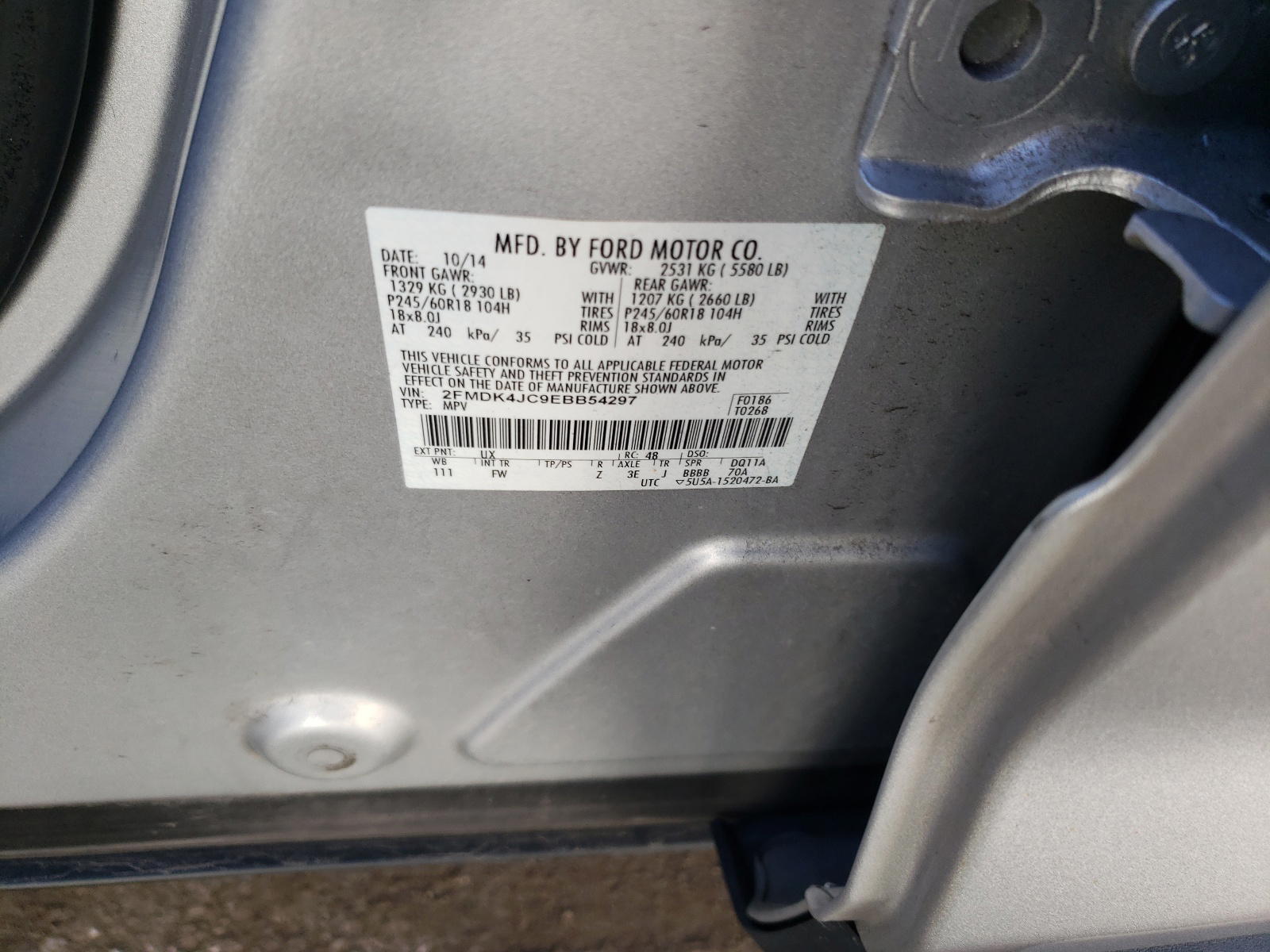 Photo 10 from auction – 2014 FORD EDGE SEL with VIN 2FMDK4JC9EBB54297