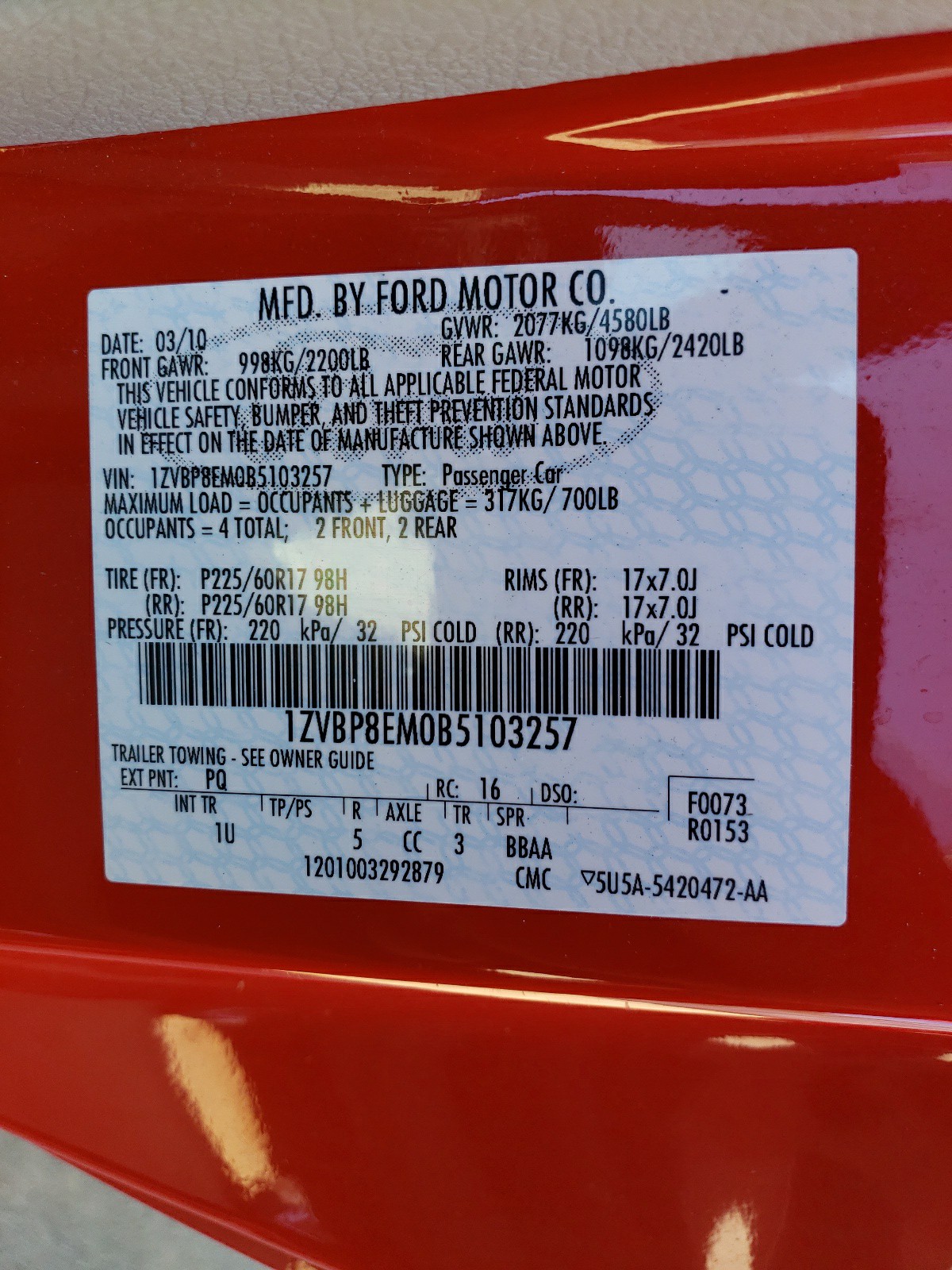 Photo 10 from auction – 2011 FORD MUSTANG with VIN 1ZVBP8EM0B5103257