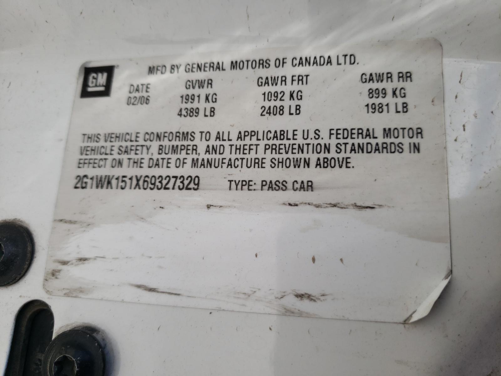 Photo 10 from auction – 2006 CHEVROLET MONTE CARL with VIN 2G1WK151X69327329