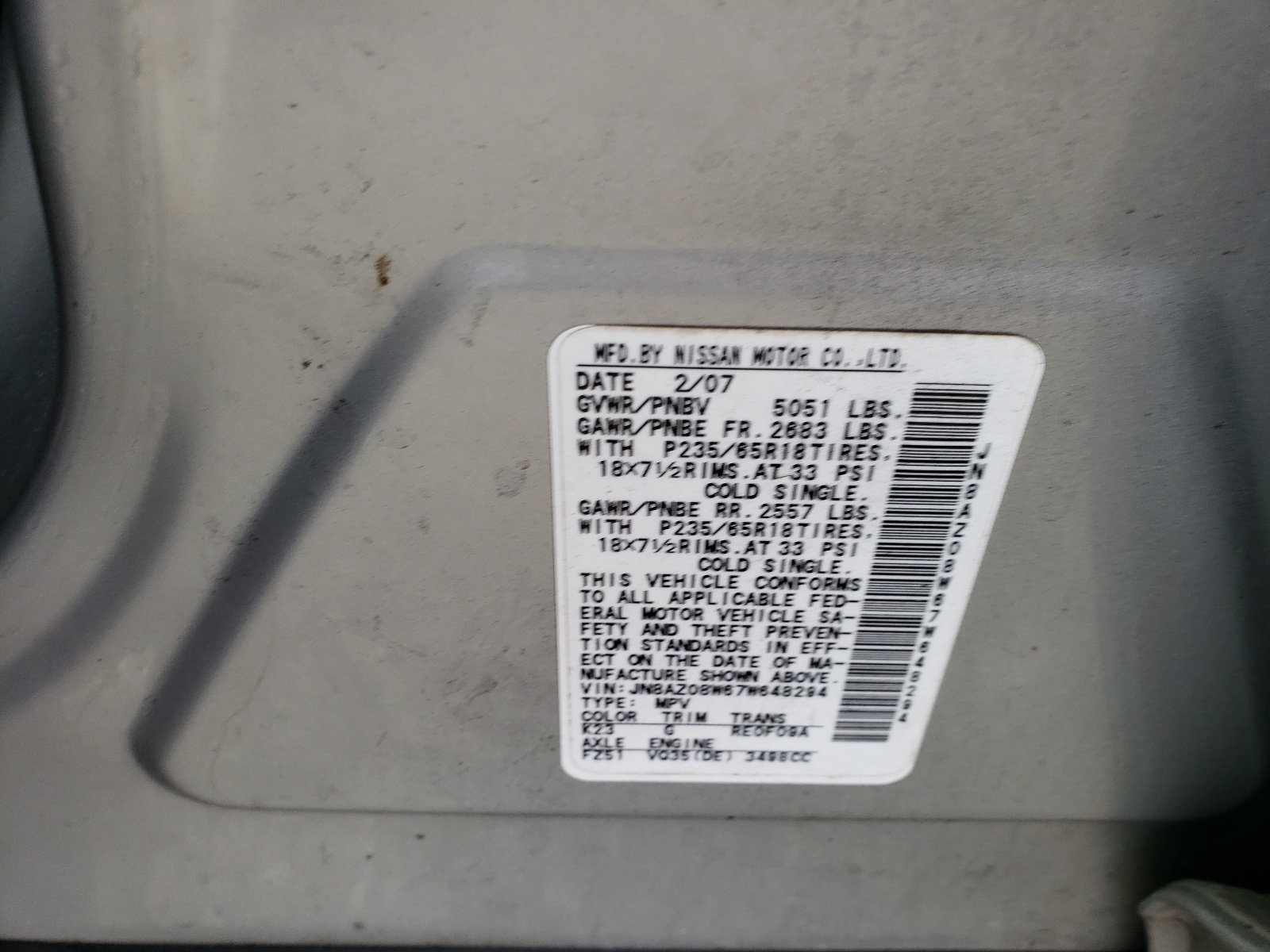 Photo 10 from auction – 2007 NISSAN MURANO SL with VIN JN8AZ08W67W648294