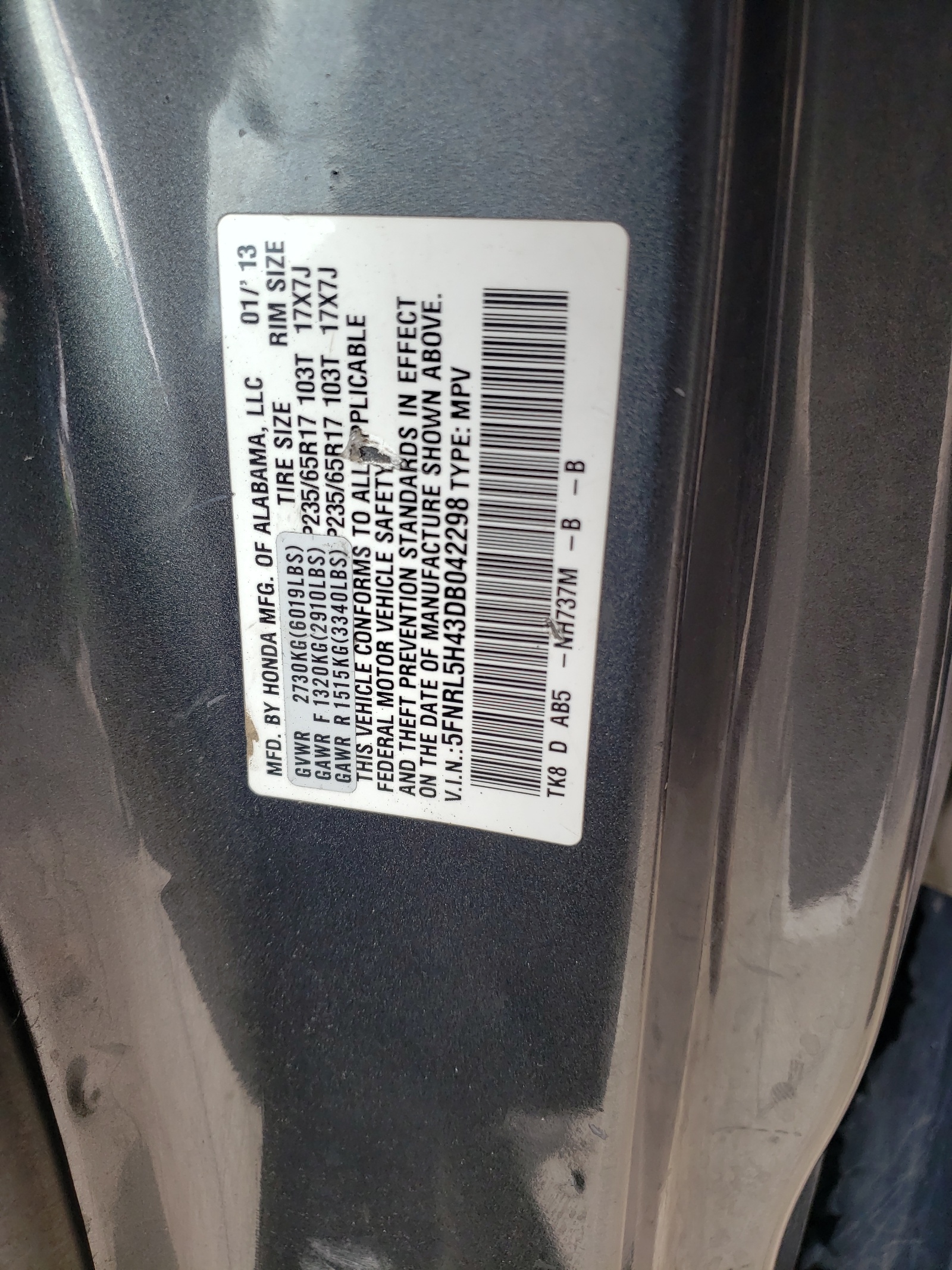 Photo 10 from auction – 2013 HONDA ODYSSEY EX with VIN 5FNRL5H43DB042298